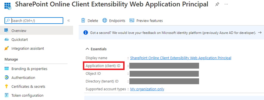 Application ID of SharePoint Online Client Extensibility Web Application Principal